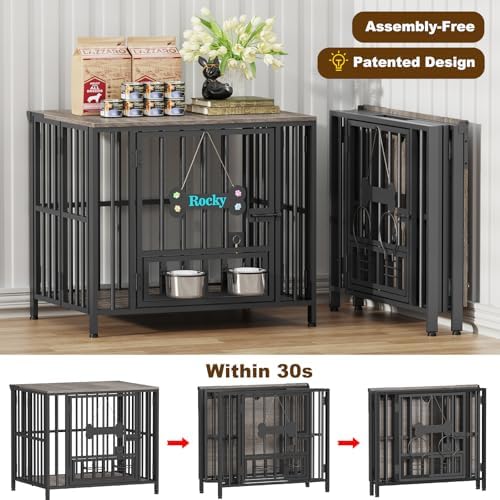 Easycom 27" Foldable Dog Crate Furniture, No Assembly, Oak Grey - Image 2