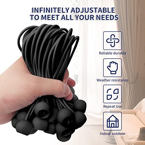 6 Inch Ball Bungee Cords, 50 Pack Heavy Duty UV Resistant Elastic Strap, Reusable Tie Down Cord with Balls, Indoor Outdoor Cords for Golf Net, Soccer Goals, Camping, Tent Poles, Hose (Black) - Image 3
