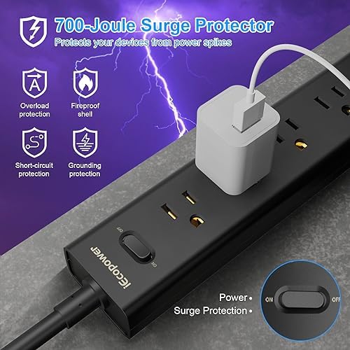 10FT Long Surge Protector Power Strip-with 5 Widely Outlets and 3 USB Ports(1 USB C Port),10 Foot Extension Cord(1250W/10A),Wall Mount for Home Office,700 J,Black(2 Pack) - Image 4