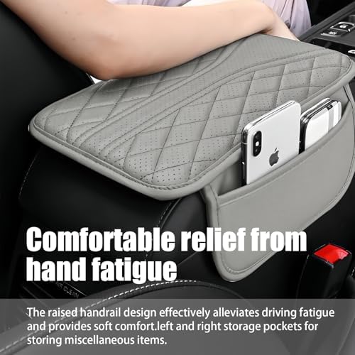 Car Center Console Cover with 2 Storage Bags, Leather Armrest Pad, Gray - Image 4