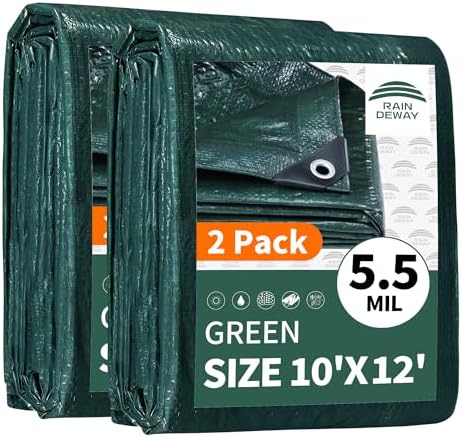 RAINDEWAY Green Tarp 10x12 Feet(2Pack),5.5Mil Multipurpose Waterproof Tarps by RAINDEWAY
