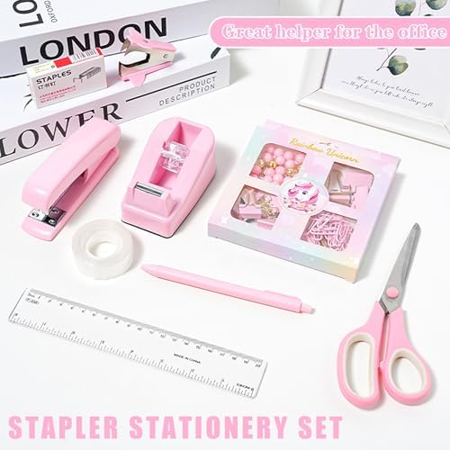 COMFYROOM Pink Desk Accessories with Pen Holder, Pink Office Supplies Desk Organizers and Accessories for women, Tape Dispenser, Stapler, Staple Remover, Staples, Clips Set, Ruler, Scissor, Pen, Tape - Image 2