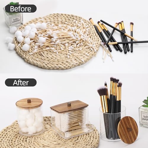Tbestmax Qtips Dispenser Bathroom Container, 10/12 oz Big Cotton Ball Holder, Apothecary Jar Organizer for Storage Cotton Swab, Round Pads, Floss Picks (Brown Wood Lids) - Image 4
