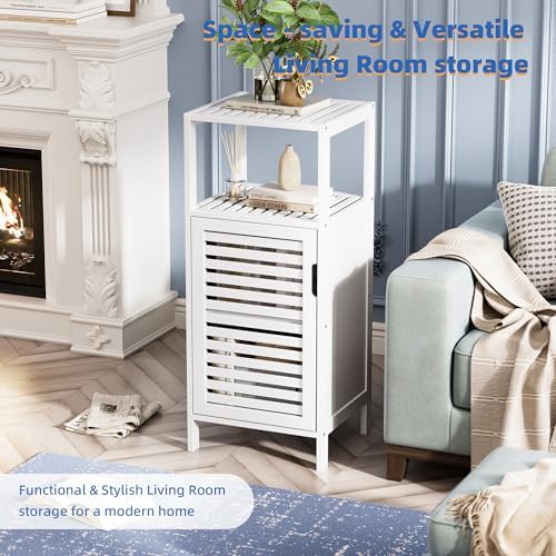 HITNET Bamboo Bathroom Storage Cabinet, 4 Tier Small White Floor Cabinet with Single Door, Free Standing Slim Narrow Storage Organizer for Living Room Entryway - Image 4