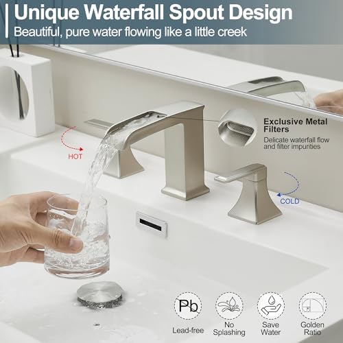 Brushed Nickel Bathroom Faucet, 4-16 Inch Waterfall Bathroom Faucets 2 Handle, Brass Vanity Faucet 3 Holes, Modern Bathroom Sink Faucet with Pop-up Drain, Supply Hoses - Image 2