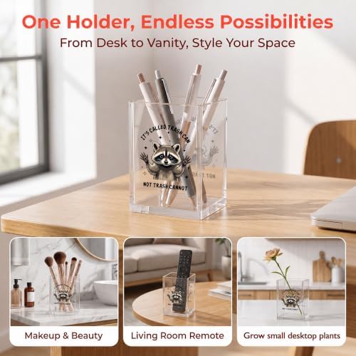 Funny Raccoon Office Acrylic Cosmetic Pen Pencil Holder Cup, Trash Can Not Trash Cannot Cute Pencil Organizer, Unique Desk Accessories, Motivational Gifts for Women Men Coworker（A31） - Image 3
