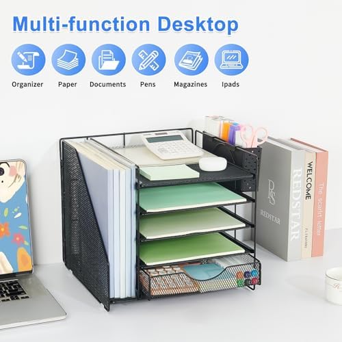 5-Tier Desk Organizer with Drawer and Pen Holder, Black - Image 7