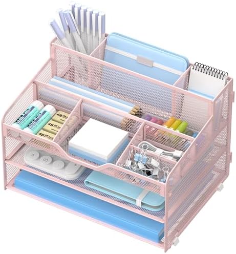 3 Tier Mesh Paper Desk Organizer with Pen Holders, Pink by OrgMate