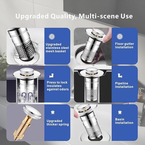 Universal Pop-Up Bathroom Sink Stopper, Stainless Steel Drain Strainer with Removable Filter Basket for 1.1"-2.36" Basin, Push-to-Bounce Core, Bathroom Sink Plug, Hair Catcher, 2 Pack - Image 4