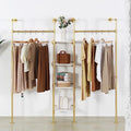 Industrial Pipe Gold Clothing Rack with Shelves, Retail Display Wall Mounted Storage Clothes Hanging Shelf Gold Pipeline Hanging Rod Steampunk Style, 4 Tier Wood Garment Rack 72.8x71inch by EDCB