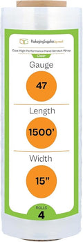 PSBM Stretch Wrap, 4 Pack, 15 Inch x 1500 Feet, 80 Gauge, Cast Hand Stretch by PackagingSuppliesbymail