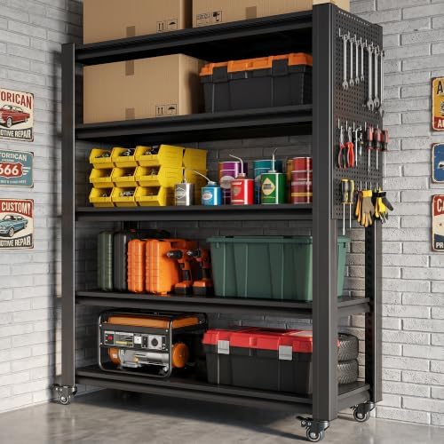 78" H x 47.2" W x 18" D Garage Storage Shelves with Wheels and Pegboard - Image 2