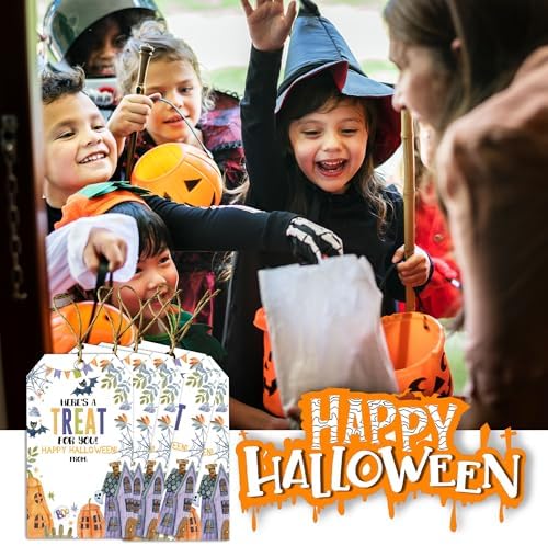 Halloween Paper Gift Tags with String-50Pcs, Here's A Treat for You Happy Halloween Tags for Goodie Bags, 2 x 3.5 Inch Writable Waterproof Hanging Labels for Decor Party Supplies, Gift Wrapping-B07 - Image 6