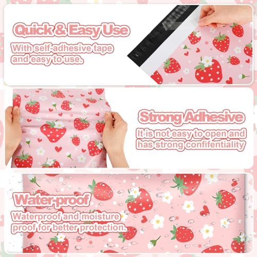 JarThenaAMCS 100Pcs Strawberry Poly Mailers 10 x 13 Inch Pink Fruit Packaging Bags Self Seal Mailing Envelope Bags for Summer Small Business Clothing Gift - Image 3