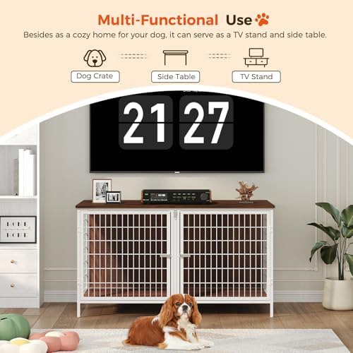 MAHANCRIS Dog Crate Furniture for 2 Dogs, 43.3" Dog Kennel with Removable Divider, Heavy Sturdy Dog Furniture Style Double Cage for Small Medium Dogs, Indoor Pet House End Table, White and Walnut - Image 4