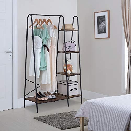 Finnhomy Rustic Clothes Rack, Clothing Rack for Hanging Clothes Heavy Duty Garment Rack with 5 Wood Shelves Freestanding Portable Closet Organizer for Bedroom/Entryway/Boutiques，Matte Black - Image 5