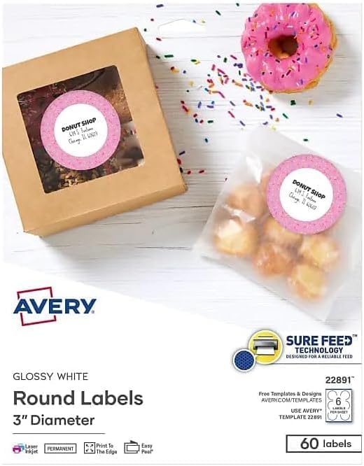 Avery Glossy White Labels, Sure Feed Technology, 3" Round Labels, Print-to-The-Edge, Laser/Inkjet, 60 Count (22891) (Pack of 5) by Avery