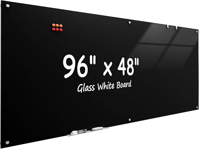 MaxGear Glass Whiteboard 96x48 Inches Wall Mounted, Magnetic Black Dry Erase by MaxGear