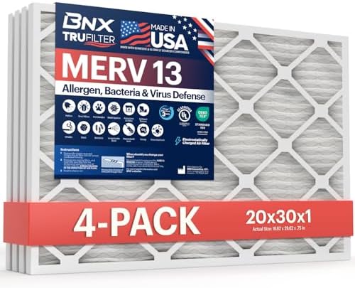 BNX TruFilter 20x30x1 Air Filter MERV 13 (4-Pack) - MADE IN USA - Electrostatic Pleated Air Conditioner HVAC AC Furnace Filters for Allergies, Pollen, Mold, Bacteria, Smoke, Allergen, MPR 1900 FPR 10 by BNX