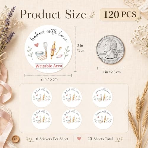 120 x Baked with Love Write On Bakery Stickers for Cookie Bags, Sourdough Bread, Jam Jars & Homemade Gifts, Writable Baking Labels for Home Bakers, Farmers Market & Small Business Packaging 2'' - Image 2