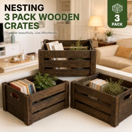 3 Pack Wooden Crates for Display Rustic Handmade Wood Crate for Storage - Image 4