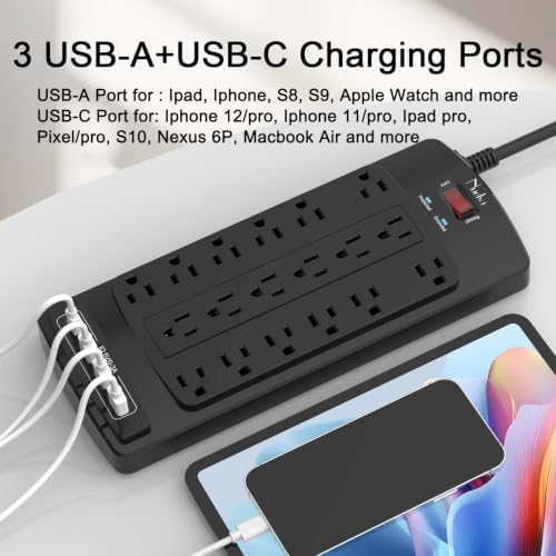 18 Outlets Surge Protector Power Strip - Nuetsa 10 Feet Flat Plug Heavy Duty Extension Cord with 18 Widely Outlets and 4 USB Ports, 2100 Joules, Black, ETL Listed - Image 3