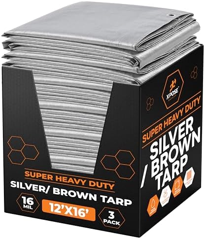 Xpose Safety Super Heavy-Duty 12' x 16' Silver/Brown Poly Tarp Bulk (3-Pack) - 16 Mil Waterproof & UV Resistant, Rip-Proof with Reinforced Edges & Grommets by XposeSafety
