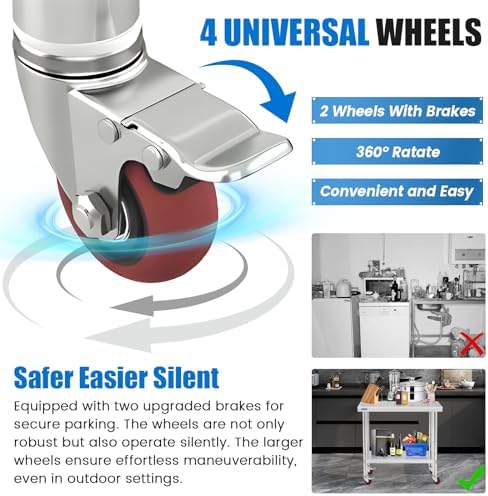 KUARBARR Stainless Steel Table for Prep & Work with 4 Caster Wheels with Undershelf 18 x 24 NSF Metal Commercial Kitchen Prep Table with Adjustable Under Shelf Worktable for Restaurant Home Outdoor - Image 5