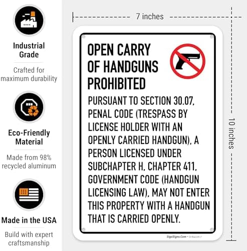 No Open Carry of Handgun Prohibited Texas §3007 Sign, - Image 3