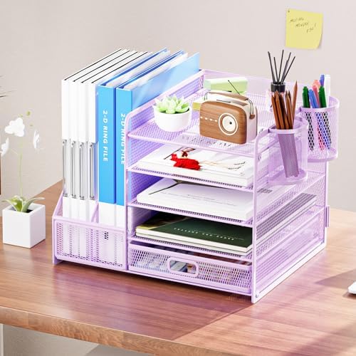 Marbrasse Desk Organizer with File Holder, 5-Tier Paper Letter Tray Organizer with Drawer and 2 Pen Holder, Mesh Desktop Organizer and Storage with Magazine Holder for Office Supplies(Purple) - Image 3