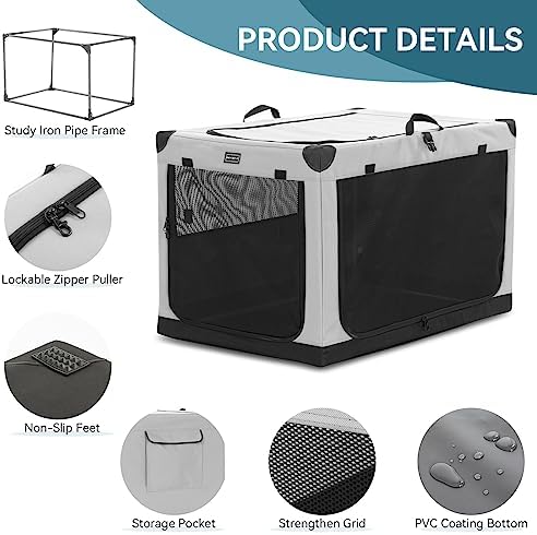 PETSFIT 40" Soft Portable Dog Crate – Patented Spiral Sturdy Frame, Collapsible Travel Kennel for Large Dogs, 3 Mesh Door, Lockable Zippers, Indoor & Car Use Gray - Image 5