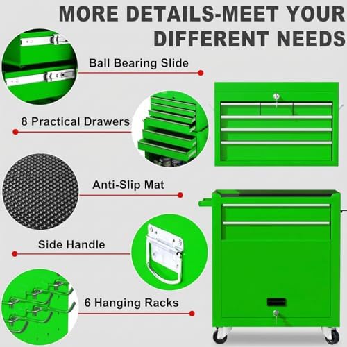 Dawmilon Tool Chest, 8-Drawer Rolling Tool Storage Cabinet with Wheels, Detachable Top Tool Box, and Locking Mechanism, Metal Barber Tool Cart with Liner and 6 Hooks for Garage, Workshop, Green - Image 6