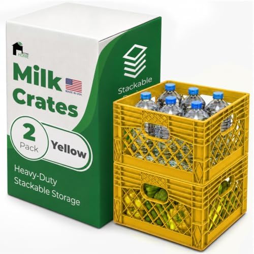 EconoHome Milk Crate - Stackable Storage Crate with Built-In Handles - Heavy Duty Plastic Material - Ventilated Organizer Bin for Garage, Pantry, Classroom, Office & Moving - Yellow, 13x13x11, 2-Pack by EconoHome
