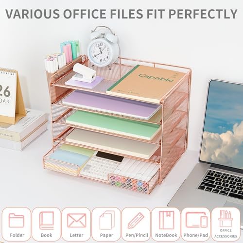 LEKETREE Desk Organizer and Accessories, 5-Tier Paper Letter Tray Organizer with Drawer & 2 Pen Holders for Desktop File Organization, Office Desk Accessories for Supplies Storage (Rose Gold) - Image 4