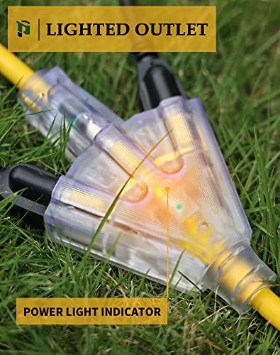 100Ft 12 Gauge Extension Cord with 3-Outlets | Heavy Duty Outdoor Extension Cord with Lighted end, 15A 1875W SJTW, ETL Listed - Great for Garage, Garden and Home, Yellow - Image 5