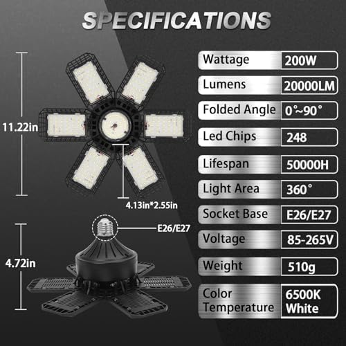 AUDLES 4 Pack Garage Lights, 200W 20000LM 6500K LED Shop Lights, Garage Light Ceiling Led with 6+1 Deformable Panels, Screw in E26 Socket Bulb for Warehouse, Workshop, Basement, Barn Lighting - Image 4