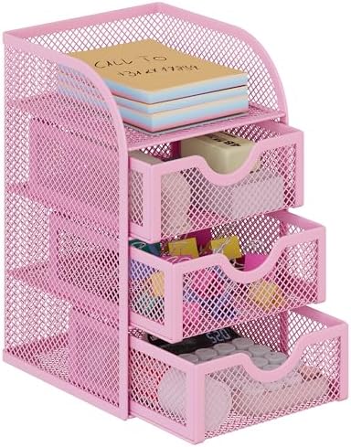 EasyPAG Mesh Desk Organizer with 3 Drawer Office Desktop Organizers and Accessories Stationery Caddy for Office, Home, Students, Pink by EasyPAG