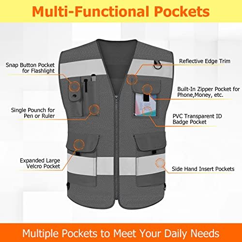 TCCFCCT Mesh High Visibility Safety Vest for Men 9 Pockets, Grey 5XL - Image 3
