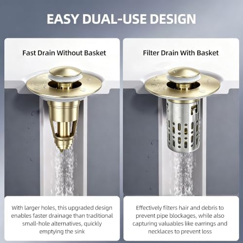 3 in 1 Bathroom Sink Drain Strainer, Universal Pop Up Bathroom Sink Stopper with Removable Hair Catcher Anti-Clog Filter Basket Brass & Stainless Steel Champagne Gold 2 PCS - Image 4