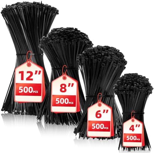 Zip Ties Assorted Sizes(4”+6”+8”+12”), 2000 Pack,Black Cable Ties,Multi-Purpose Self-Locking Nylon Cable Cord Management,Plastic Wire Ties for indoor and outdoor use. by HAVEMETD