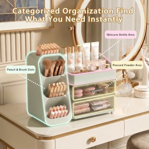 Large Capacity Makeup Organizer Countertop with Makeup Brush Holder for Vanity (Green) - Image 5
