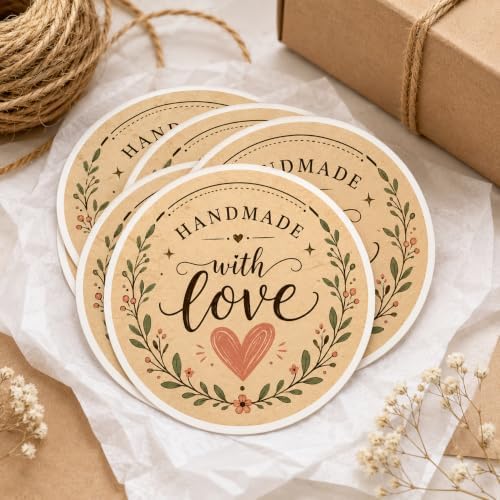 60pcs Handmade with Love Stickers, Kraft Floral Wreath Packaging Labels, Small Business Branding Seal Stickers for Handmade Products, Round 2 Inch Thank You Tags by BOZENTIM