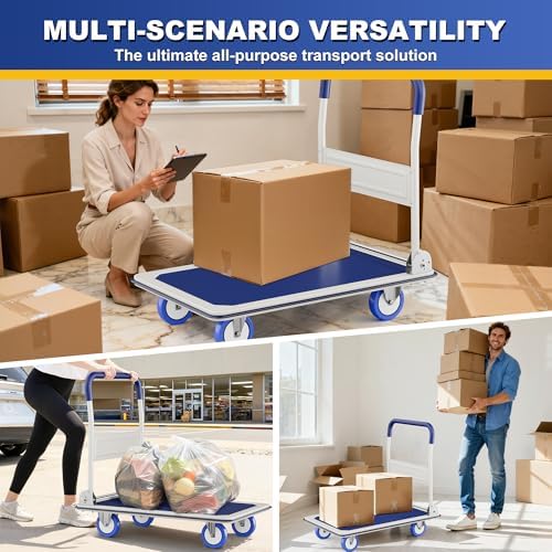 Foldable Push Cart Dolly | 660 lbs. Capacity | Heavy Duty Moving Platform Hand Truck with Swivel Wheels | Small Flatbed Cart | Space Saving Push Handle-White - Image 7