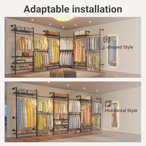 Timate F6 Wall Mounted Clothes Rack - Expandable Industrial Pipe Closet System, Heavy Duty Hanging Garment Rack, Closet Organizer & Storage Solution for Wardrobe, Bedroom,Walk-in Closets,Black - Image 2