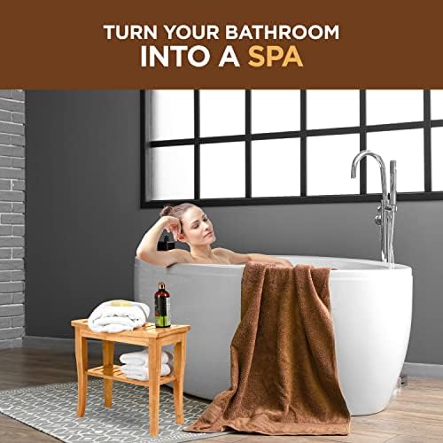 Bamboo Shower Bench, Shower Stool Seat with Storage Shelf, Non Slip Feet - Image 2