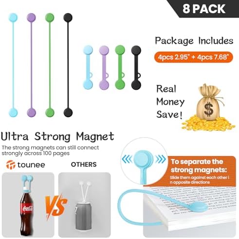 Tounee Reusable Silicone Magnetic Cable Ties - 2 Sizes Combo (4pcs 2.95'' + 4pcs 7.68'') - Multi-Purpose for Cable Bundling, Organizing, Bookmarks & Fridge Magnets - Assorted Colors, 8-Pack - Image 5