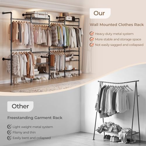 4-Bay Wall-Mounted Closet System, Expandable Industrial Pipe Clothing Racks - Image 4