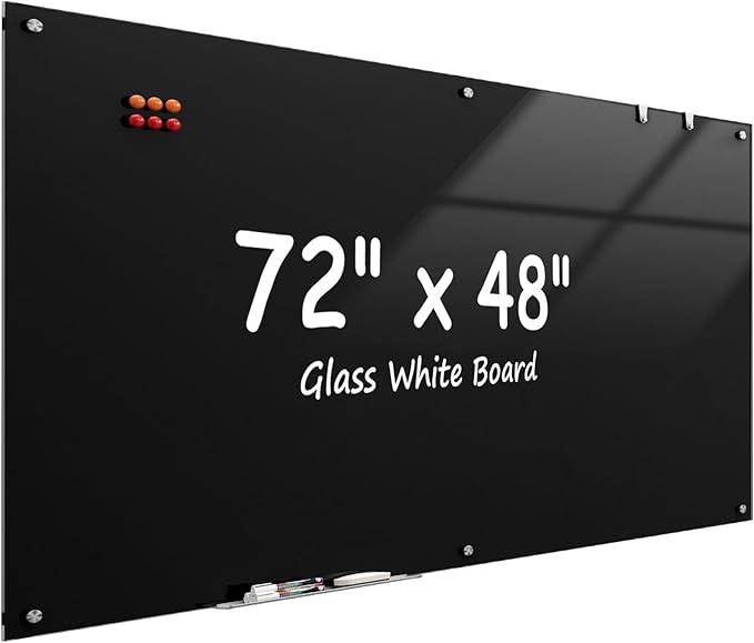 MaxGear Glass Whiteboard 72" x 48" Wall Mounted, Magnetic Black Dry Erase Board by MaxGear