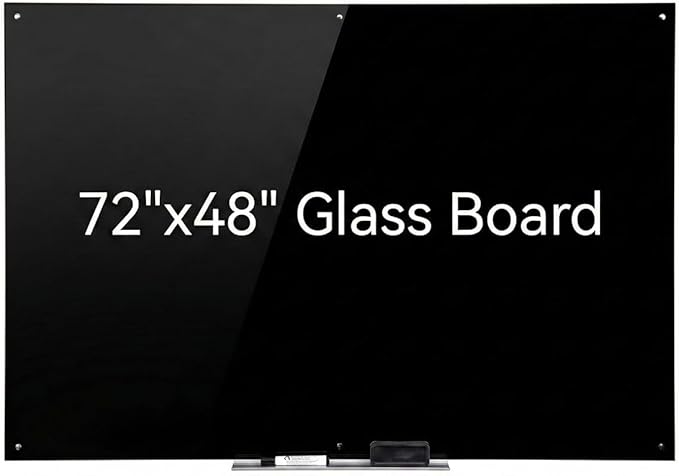 72" x 48" Black Extra Large Glass Whiteboard 6' x 4' Frameless Tempered Black by DexBoard