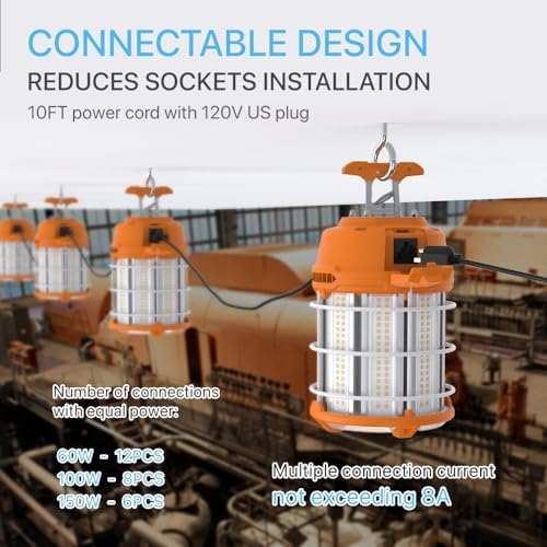 HYPERLITE LED Temporary Work Light 150W 18750LM 500W HID/HPS 5000K, Portable Hanging Construction Light with Stainless Steel Safety Guard and Sturdy Hook for Job Site, Workshop(with an ON/Off Switch) - Image 3